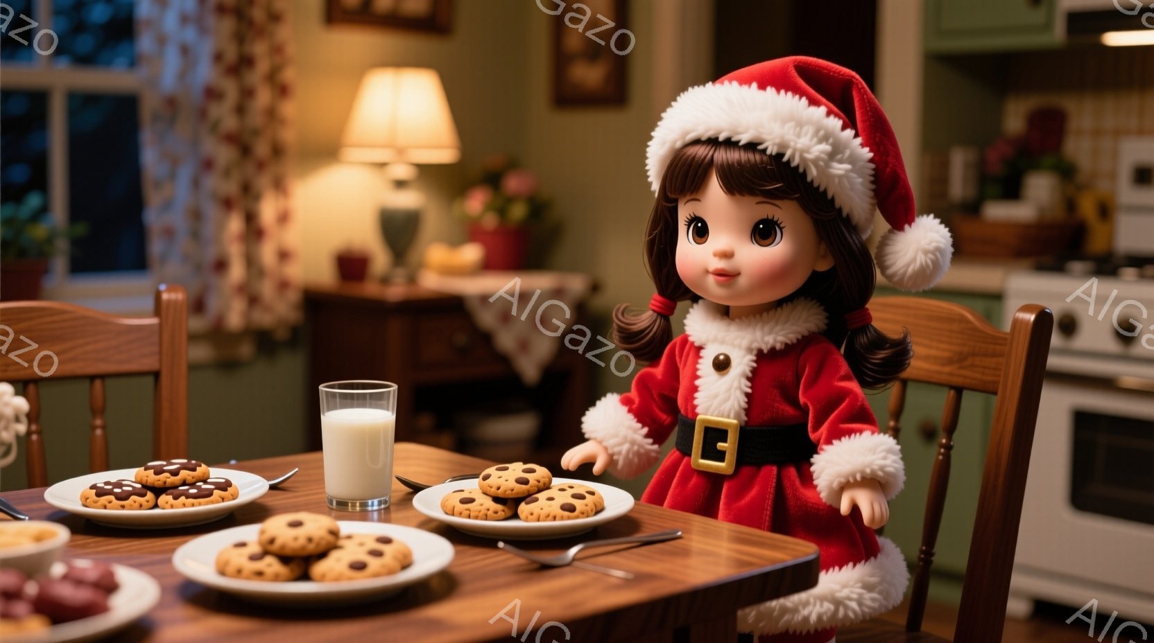 赤いサンタの衣装を着た少女が、食卓に並んだクッキーとミルクの前に座っています。彼女は黒い髪を肩まで伸ばし、赤い帽子を被り、明るい笑顔を見せています。背景には、暖色の照明が灯されたリビングルームとキッチ - AI生成フリー素材