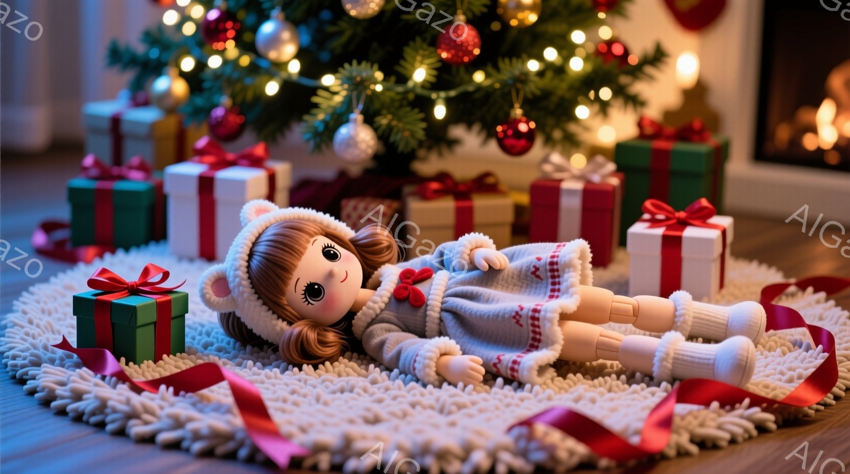 赤い背景にクリスマスツリーが飾られ、その足元にプレゼントの箱が置かれています。茶色の巻き毛の少女の人形が、ピンク色のパジャマのような服を着て、白いフリースのような敷物の上で横たわっています。人形は微笑 - AI生成フリー素材