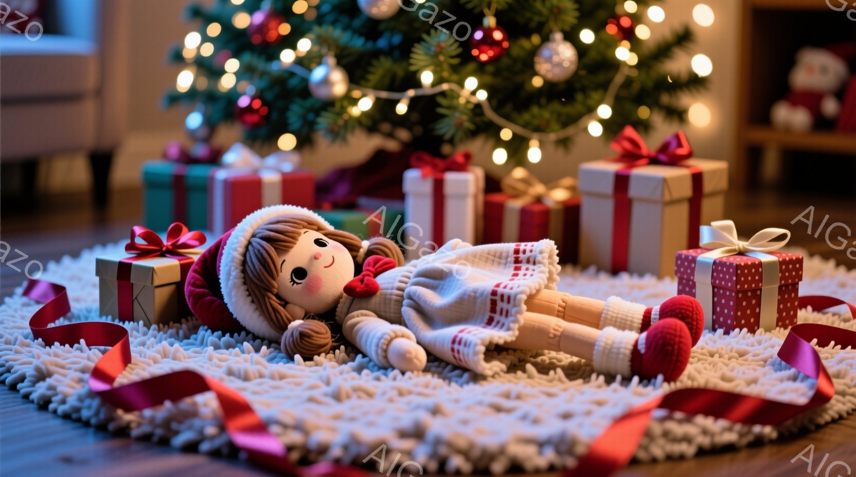 クリスマスツリーの足元に、赤い帽子と白いセーターを着た人形が横たわっています。人形は長い茶色の髪をしており、穏やかな表情を浮かべています。背景にはプレゼントがいくつか置かれ、全体的に温かく、お祝いムードに満ちた雰囲気です。