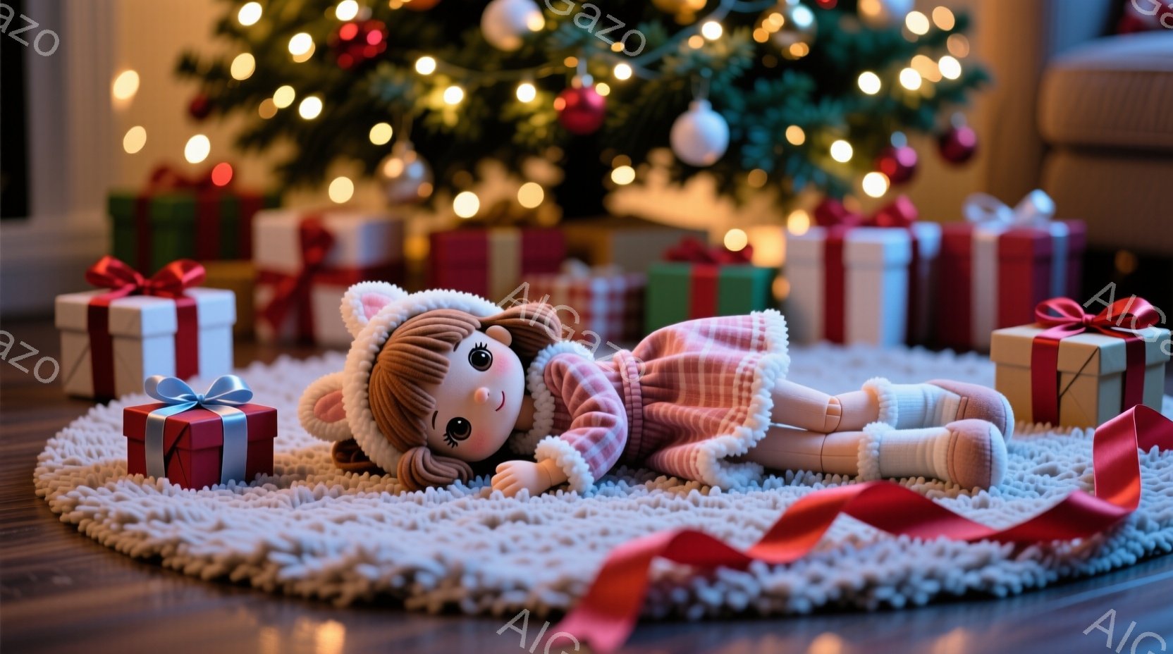 暖炉のそばのカーペットの上に、チェック柄のパジャマと耳つきの帽子をかぶった人形が横たわっています。人形はピンク色の頬と微笑んだ表情をしており、リラックスした雰囲気です。背景には、キラキラと輝くクリスマ - AI生成フリー素材