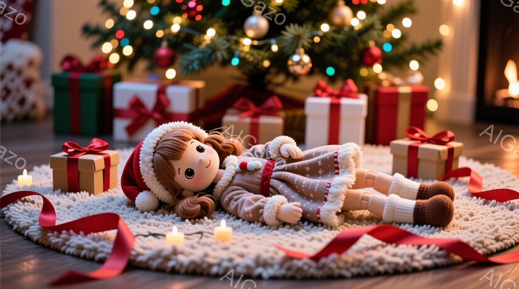 赤い縁取りのあるクリーム色のカーディガンと赤いワンピースを着た人形が、ふわふわの円形の敷物の上に横たわっています。人形はサンタ帽をかぶり、穏やかな表情をしています。背景には、飾り付けられたクリスマスツ - AI生成フリー素材