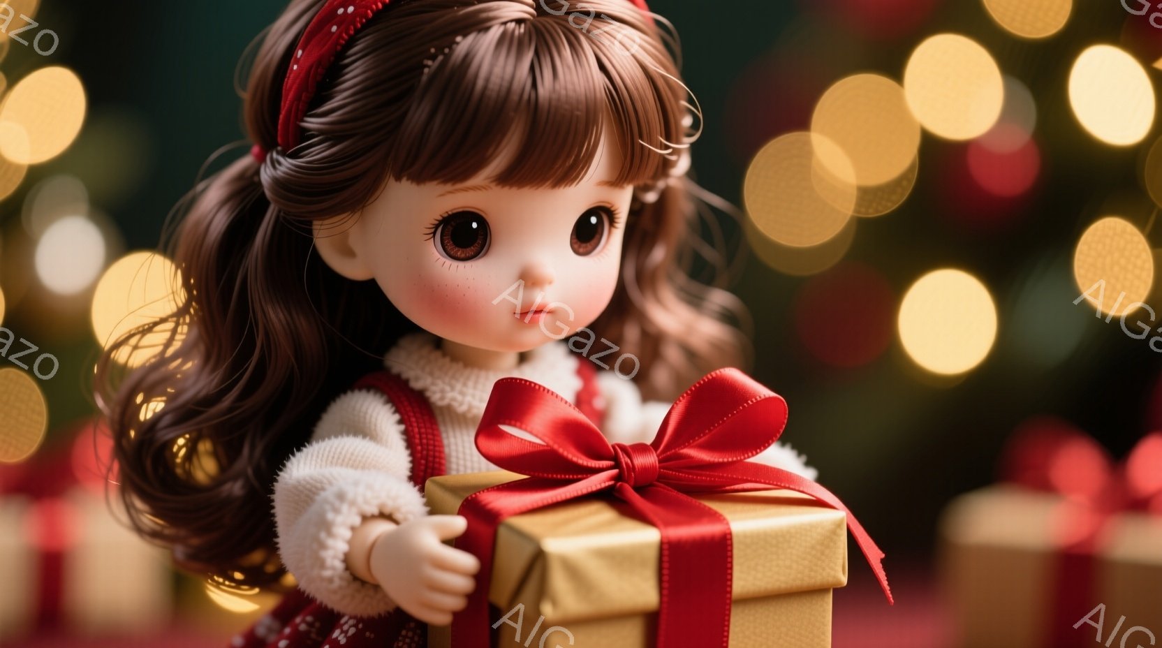 明るい茶色の巻き毛に赤いヘアバンドをつけた少女が、金色のリボンで結ばれたプレゼントの箱を両手で抱えています。白いセーターと赤いワンピースを着ており、つぶらな瞳で少し微笑んでいる様子です。背景はぼやけた - AI生成フリー素材