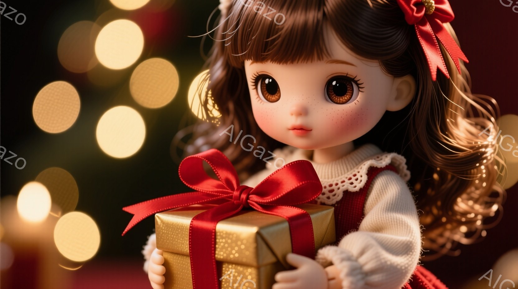茶色の巻き毛に赤いリボンをつけた少女が、金色のリボンで結ばれたプレゼントの箱を抱えています。白いレース付きのセーターと赤いスカートを身につけ、つぶらな瞳で優しく微笑んでいます。背景にはぼんやりとした光 - AI生成フリー素材
