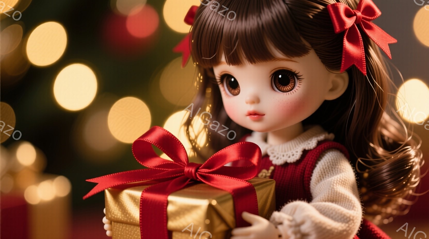 暗い背景に、大きな瞳を持つ少女が金のプレゼントボックスを持っています。少女は茶色のカールした髪で、赤いリボンで飾られています。白いセーターと赤いベストを着ており、全体的に暖かく、お祝いの雰囲気が漂っています。