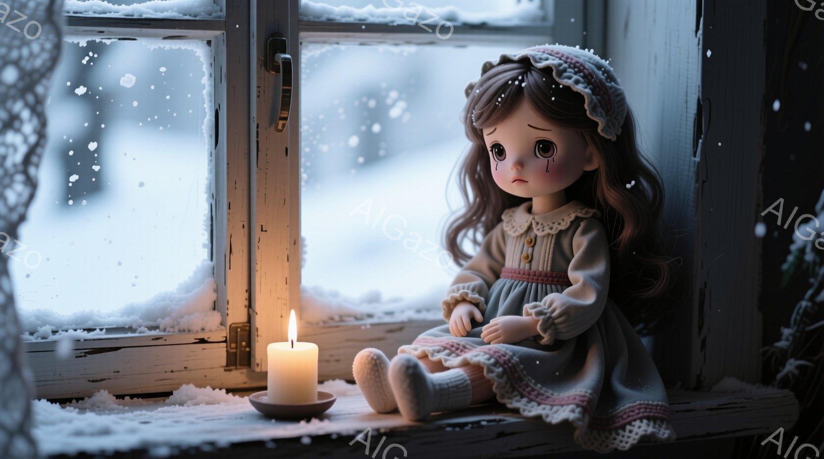 薄汚れた窓枠に少女の人形が座っており、大きな瞳からは涙がこぼれている。彼女はピンク色の縁取りのある薄い緑色のワンピースを着ており、茶色の髪は三つ編みにされ、頭にはレース編みのボンネットを被っている。背 - AI生成フリー素材