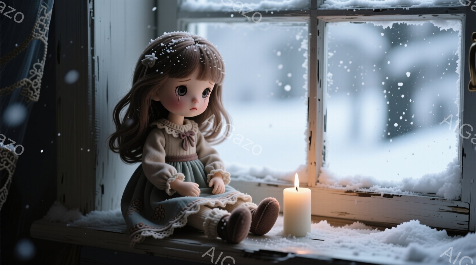 窓辺に座る少女は、薄緑色のドレスと茶色のニットを着ています。彼女は長い茶色の巻き毛で、悲しげな表情をしています。背景は雪景色で、白い雪が窓ガラスに降り積もっており、温かい光を放つキャンドルが彼女の横に置かれています。