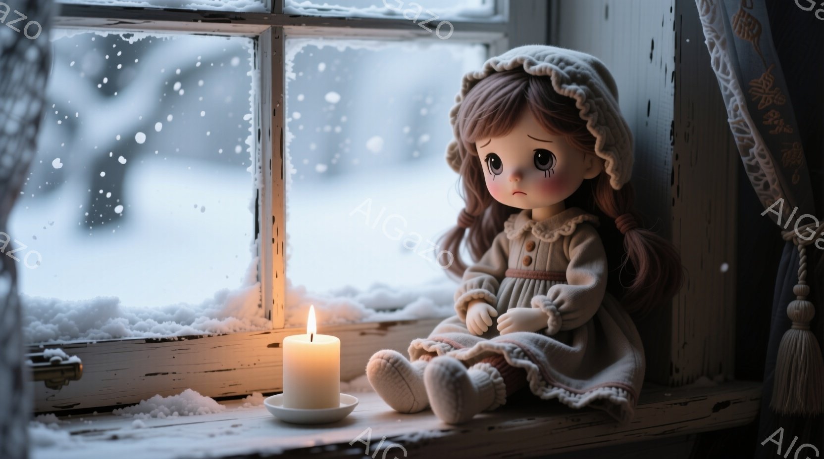白い雪が降る窓辺に、可愛らしい少女の人形が座っています。人形は薄いピンク色の頬と大きな瞳を持ち、少し悲しそうな表情をしています。人形はクリーム色のフード付きのドレスを着ており、両膝を抱え、寂しげな雰囲気を醸し出しています。