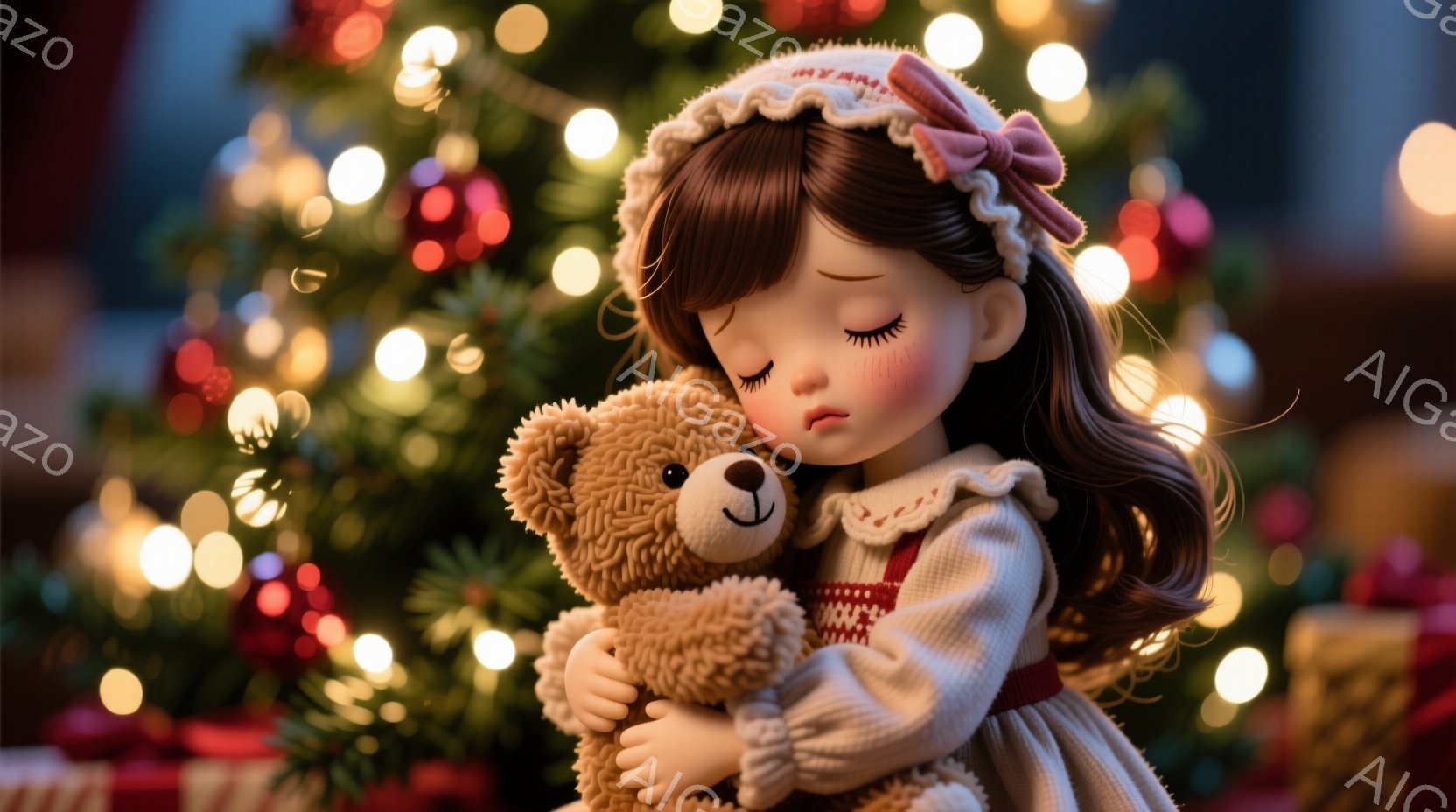 クリスマスの背景を前に、テディベアを抱きしめる少女を描いています。彼女は赤いリボンが付いた白い帽子をかぶり、クリーム色のセーターとスカートを着ており、閉じた目と頬の赤いほてりで穏やかな表情をしています。背景には、ぼやけたクリスマスツリーと輝く光が散りばめられ、暖かく、夢のような雰囲気を醸し出しています。