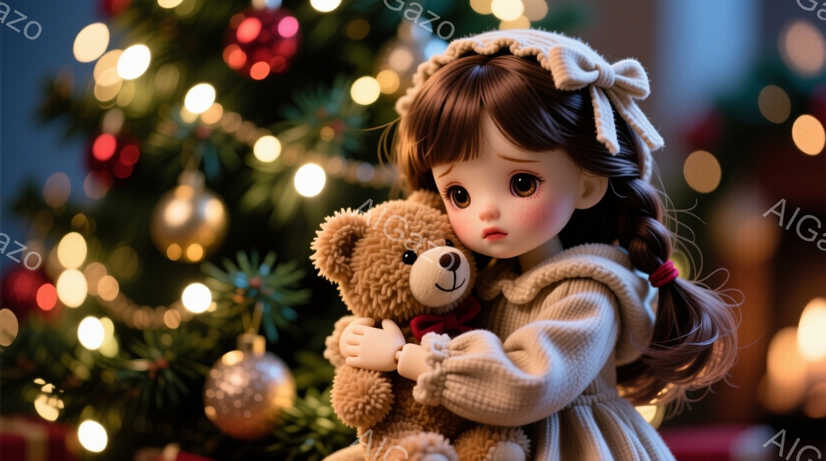 茶色の髪をツインテールにし、赤いリボンをつけた少女が、ふわふわの茶色のテディベアを抱きしめています。少女はベージュ色のセーターと帽子を身に着けており、少し悲しそうな表情をしています。背景には、ぼやけたクリスマスツリーと温かい光が散りばめられており、どこかノスタルジックで優しい雰囲気を醸し出しています。