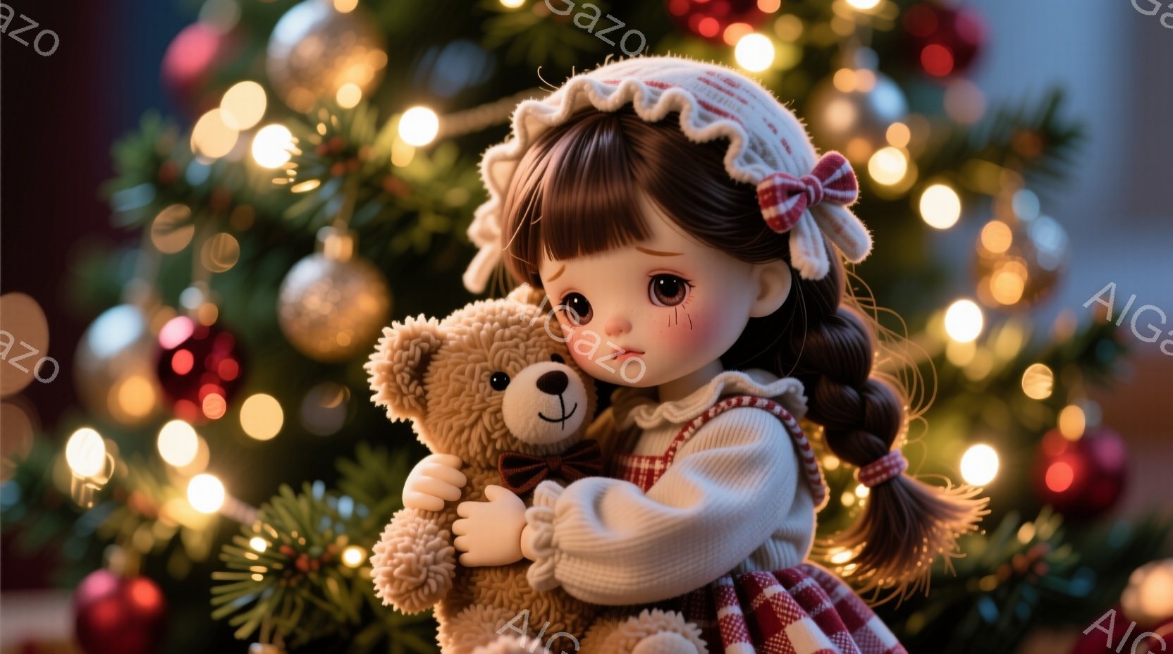 茶色の髪を二つに結んだ少女が、テディベアを抱きしめています。赤いギンガムチェックのワンピースに白いセーターを着ており、少し悲しげな表情をしています。背景には、ぼやけたクリスマスツリーの光が輝き、温かく、少しノスタルジックな雰囲気を醸し出しています。