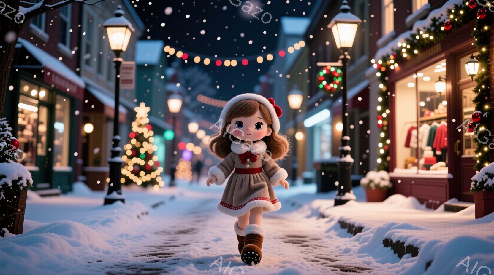 雪が降るクリスマスの街並みを、赤い帽子とマフラーをつけた少女が歩いている。薄茶色のコートに、毛皮のようなトリムが付いたブーツを履き、髪は茶色で、顔は丸く、表情は楽しげだ。背景には、クリスマスツリーや飾 - AI生成フリー素材