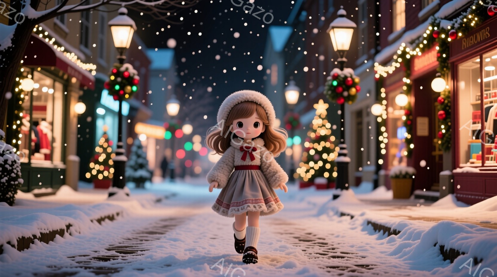 雪景色の中を歩く、可愛らしい少女が描かれています。彼女は赤いリボンで結ばれた茶色の髪と、ふわふわの白い帽子をかぶり、ピンク色のドレスと黒い靴を履いています。背景には、クリスマスの装飾で飾られた店が並び、雪が舞い散る幻想的な雰囲気が漂っています。
