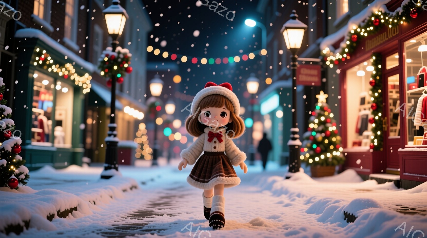 赤い帽子とコートを着て、赤いリボンで飾られた女の子が雪の降る街路を歩いています。背景には、クリスマス装飾が施された店が並び、暖かく柔らかな光が雪景色を照らしています。全体的に、温かく、お祝いの雰囲気が - AI生成フリー素材