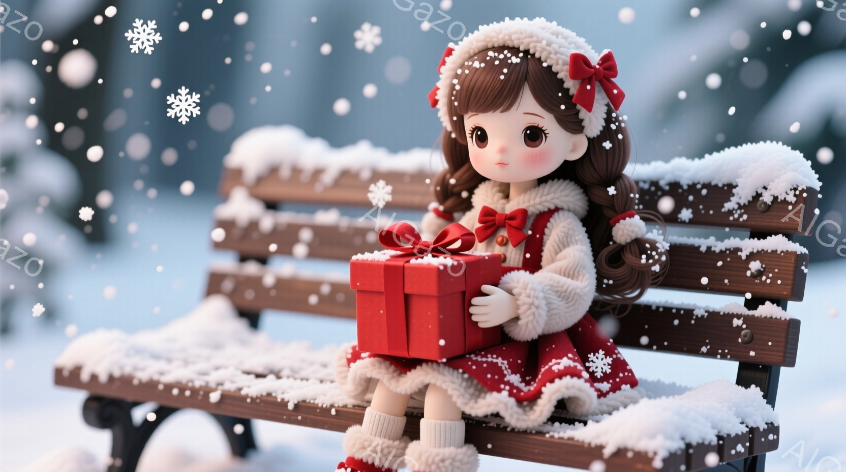 雪の降る公園のベンチに座る少女が描かれています。少女は赤いリボンとふわふわのイヤーマフが付いた茶色の髪型で、クリーム色のファーのトリミングが施された赤いドレスを着ています。彼女は両手に赤いリボンで結ばれた赤いプレゼントの箱を持っており、雪景色の中で温かく幸せな雰囲気を醸し出しています。