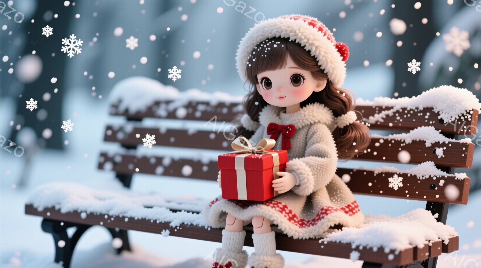 雪が降る冬の公園のベンチに、赤い帽子とコートを着た女の子が座っています。彼女は膝を抱え、赤いリボンで結ばれたプレゼントボックスを手に持っており、可愛らしい表情をしています。背景は雪に覆われた木々やぼんやりとした建物で、暖かく穏やかな冬の雰囲気が漂っています。