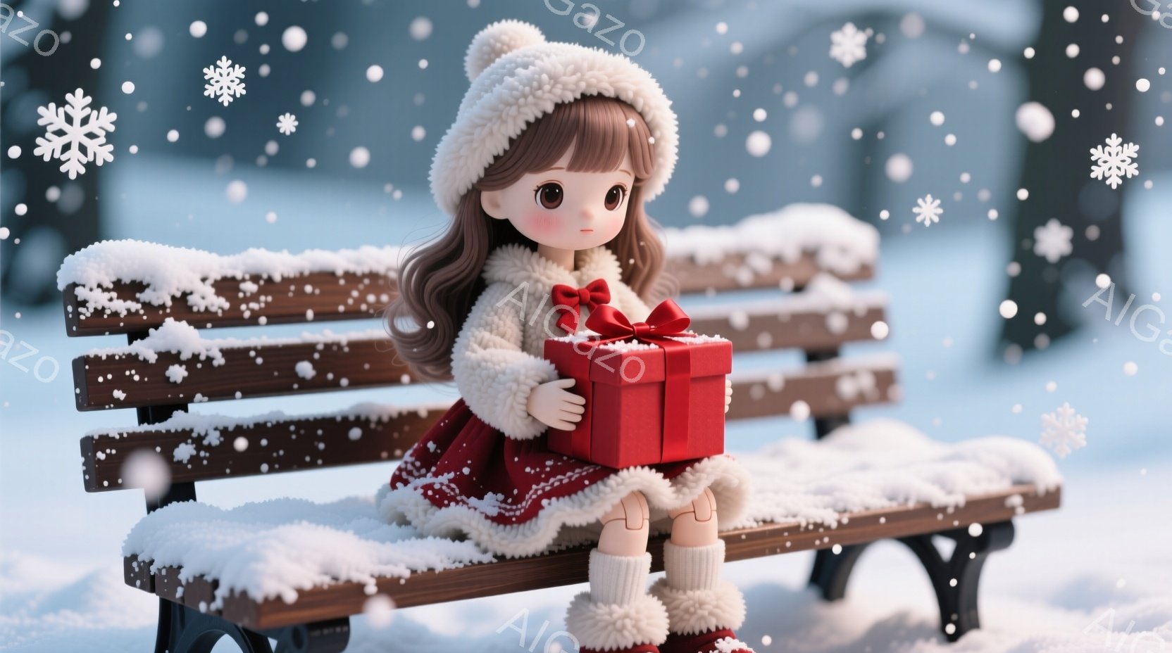 雪が降る中で、ベンチに座った少女が描かれています。彼女は白い帽子、白いファーのトリミングがついた赤いドレス、そして白いレッグウォーマーを着ており、赤いリボンで飾られたプレゼントボックスを抱えています。背景には雪に覆われた風景が広がり、冬の穏やかな雰囲気が漂っています。