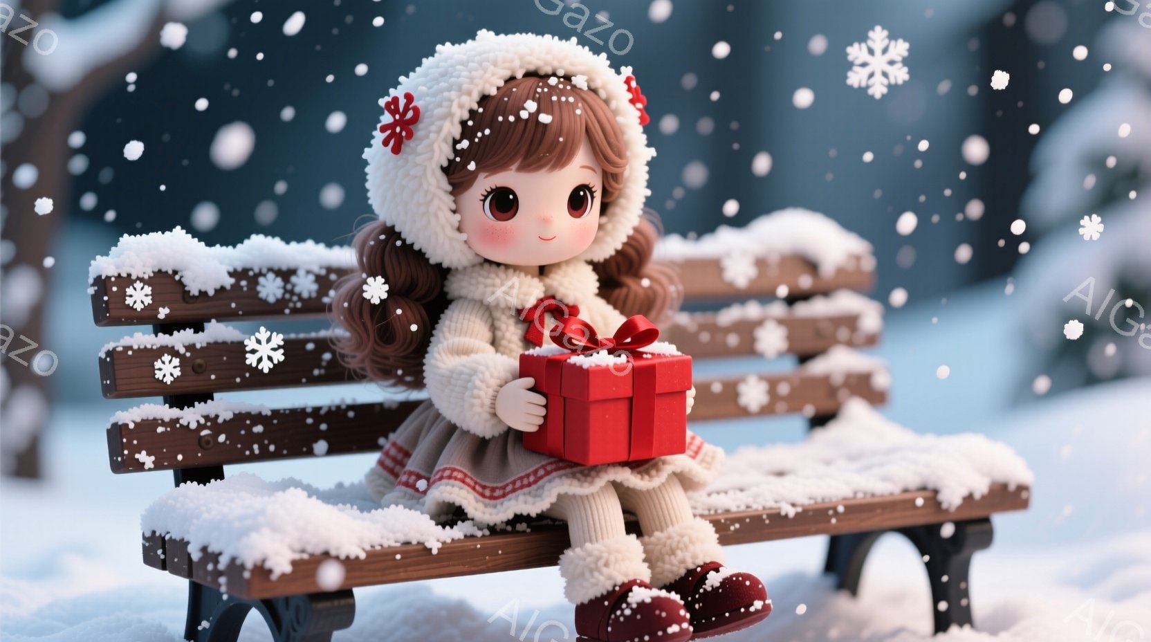 雪が降る冬の公園のベンチに、可愛らしい女の子の人形が座っています。彼女はふわふわの白い帽子とマフラーを身につけ、赤い靴を履いており、手に赤いリボンで飾られたプレゼントの箱を持っています。背景は雪景色で、ベンチも雪で覆われており、全体的に温かく、優しい雰囲気です。