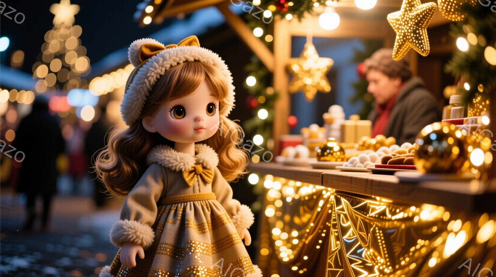 金髪の巻き髪に、ふわふわの白い帽子をかぶった可愛らしい人形が写っている。ベージュのファー付きコートと、金色のラインが入ったドレスを着ており、どこか寂しげな表情をしている。背景にはクリスマスマーケットのような賑やかな雰囲気があり、暖かい光に包まれて幻想的な冬の夜を表現している。