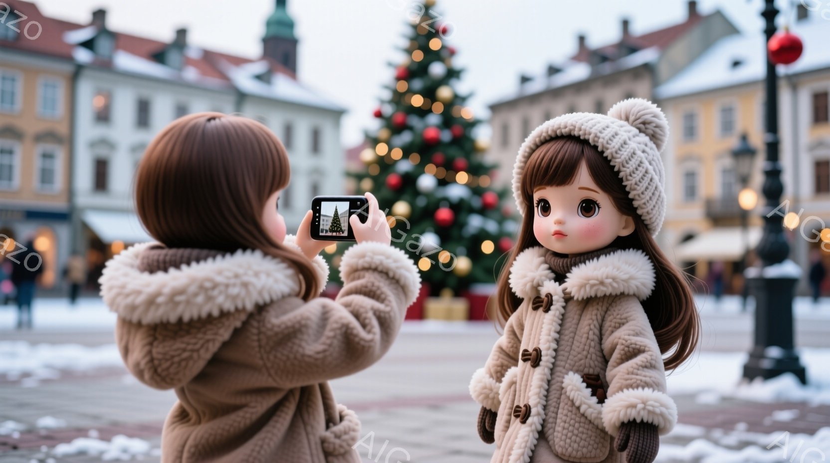 広場に立つ女性が、スマートフォンで別の女性を撮影している様子が写っている。二人はどちらもベージュ色のファーカラーのついたコートとニット帽を着用しており、冬の暖かい装いをしている。背景にはクリスマスツリ - AI生成フリー素材