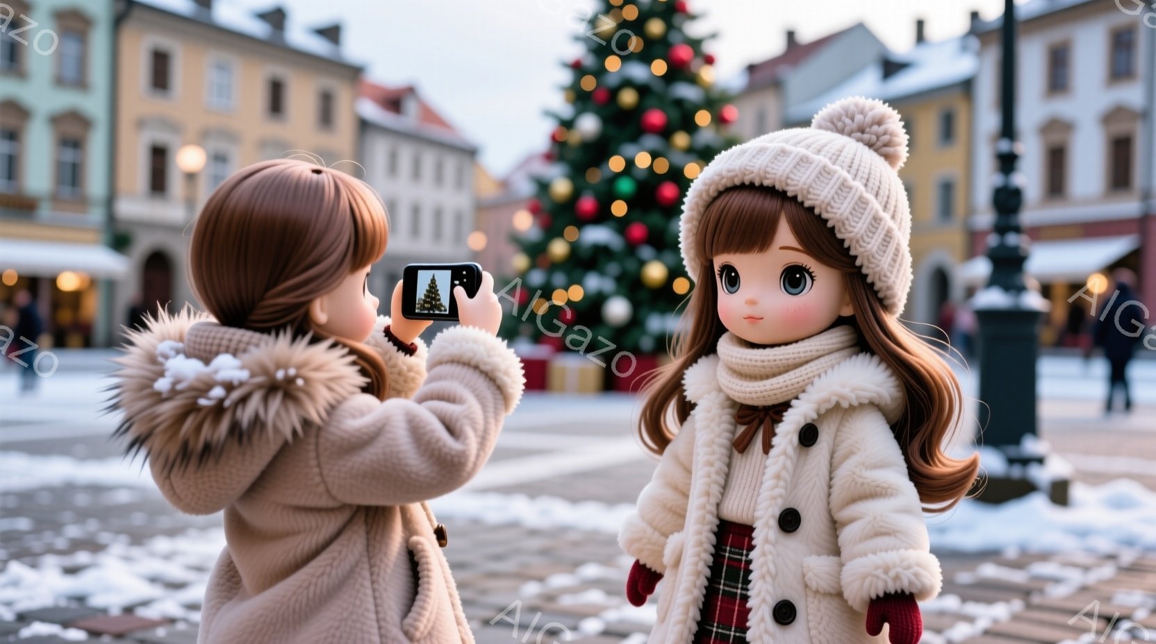 少女がクリスマスツリーを前にして互いに写真を撮り合っている様子が写っています。二人はどちらも毛皮の縁取りがついた冬のコートを着ており、ニット帽をかぶっています。背景には雪が積もった石畳の道と、装飾されたクリスマスツリー、そしてヨーロッパ風の建物が見え、冬の暖かく楽しい雰囲気が漂っています。