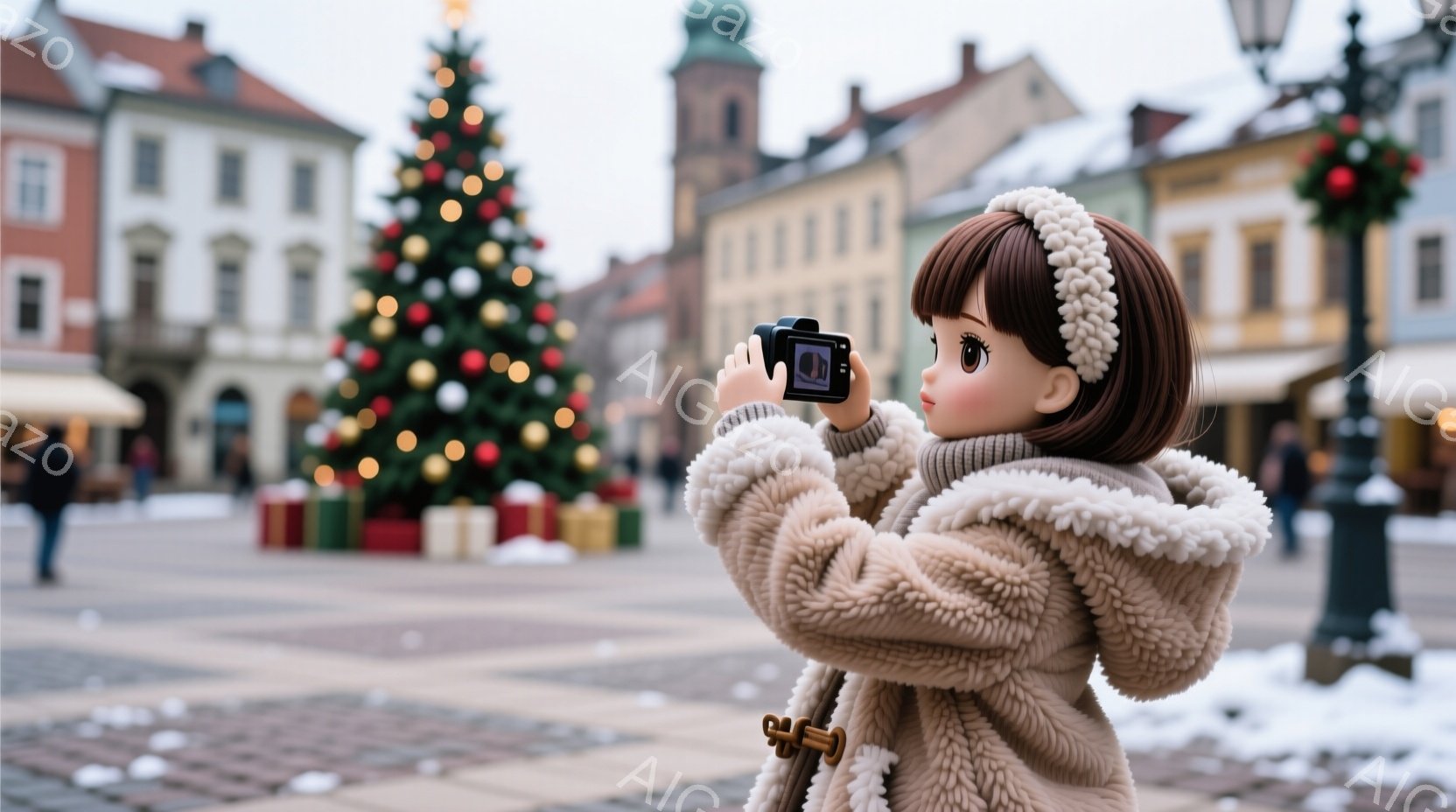 少女はクリーム色のふわふわしたコートと、同じ色のヘアバンドをつけている。彼女はカメラを構え、何かを撮影しているようだ。背景にはクリスマスツリーが飾られた広場があり、雪がちらつき、冬の温かく幻想的な雰囲気が漂っている。