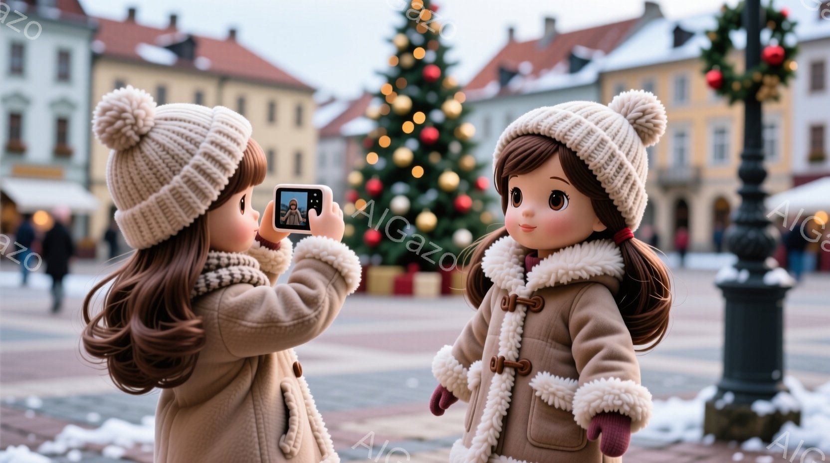 少女がクリスマスツリーを背景にスマートフォンで自撮りしている様子が写っている。ベージュのニット帽とコートを着ており、髪はゆるく巻かれている。背景にはヨーロッパ風の建物が並び、雪が降っているため、冬の暖 - AI生成フリー素材