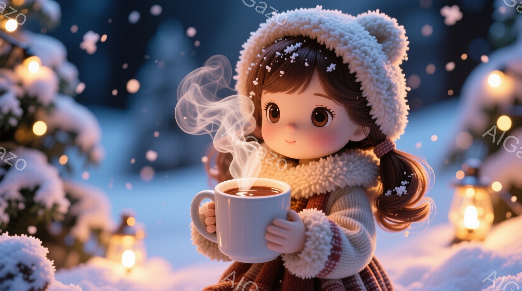 明るい色のニット帽と、赤と白の暖かいセーターを着た少女が描かれています。彼女は両手で湯気が立ち上るマグカップを持っており、穏やかで幸せそうな表情を浮かべています。背景には雪に覆われた木々と、ぼんやりと光るランタンがあり、冬の暖かく幻想的な雰囲気を醸し出しています。