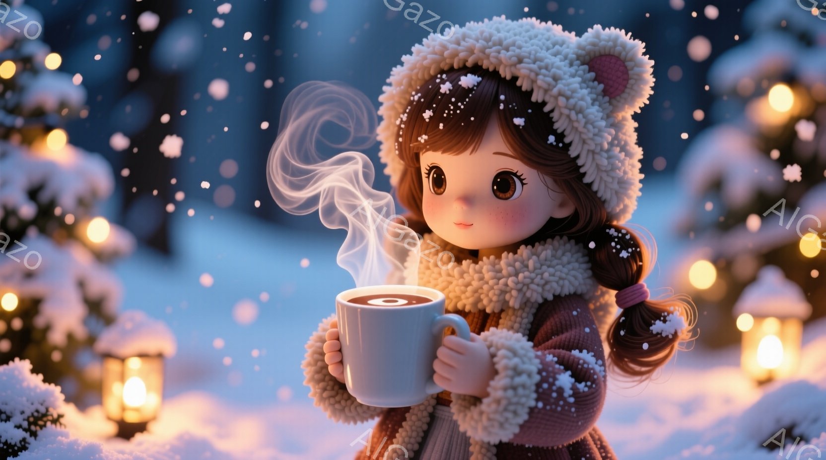 雪が降り積もる冬の風景の中、ふわふわの帽子と厚手のコートを着た少女が温かい飲み物を両手で抱えています。彼女はポニーテールで、頬をほんのり赤らめ、幸せそうに目を細めています。背景には雪に覆われた木々と、暖かく光るランタンが並び、幻想的で穏やかな雰囲気を醸し出しています。