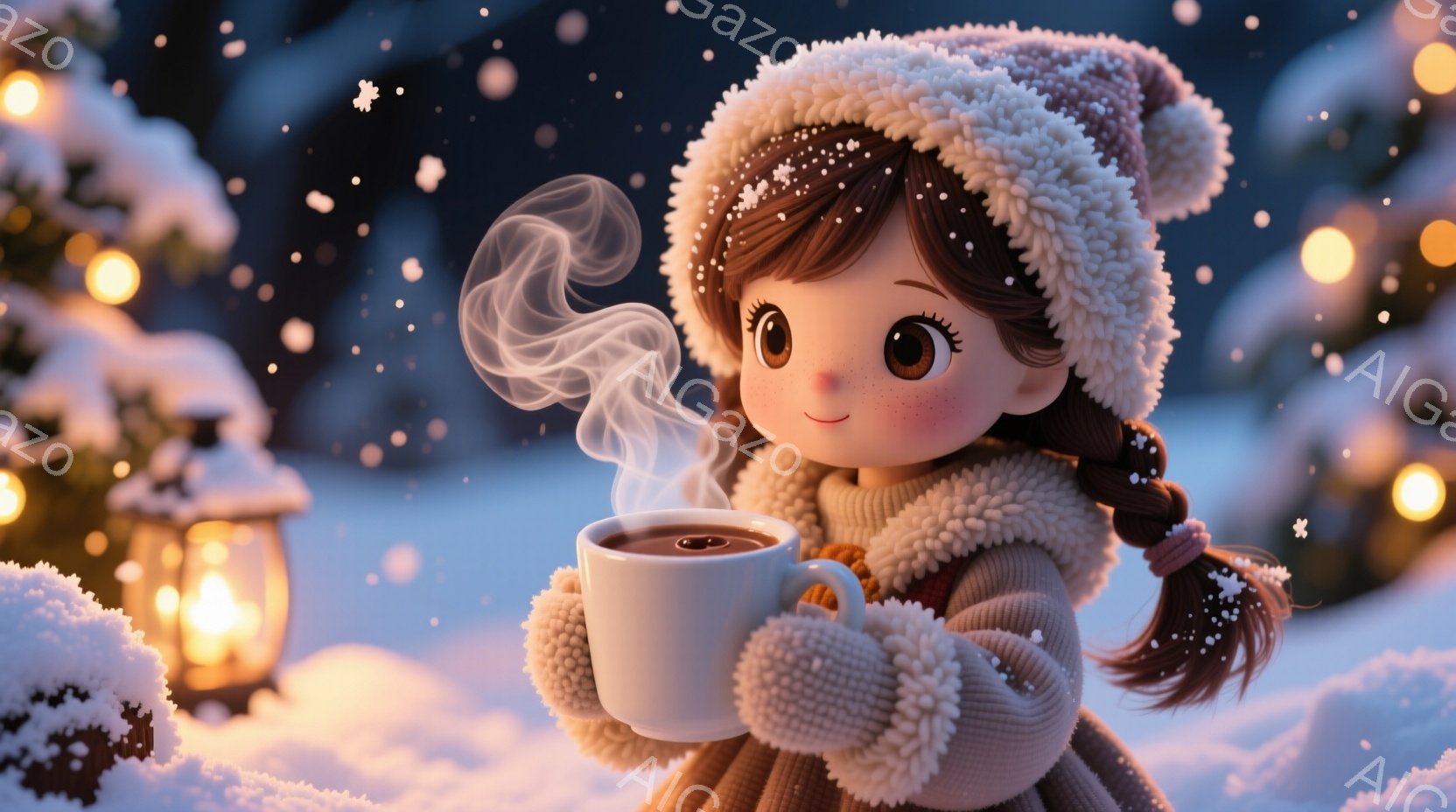 ふわふわの帽子とセーターを着た女の子が、湯気が立ち上るカップを両手で抱えています。彼女は茶色の三つ編みで、大きな瞳で微笑んでおり、冬の暖かさを感じさせます。背景には雪景色と、ぼんやりと光る提灯が見え、穏やかで幻想的な雰囲気が漂っています。