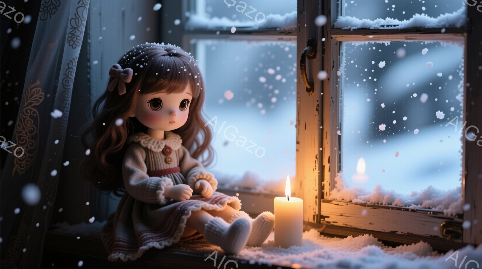 長い茶色のカールした髪に赤いリボンをつけた少女の人形が、窓枠に座って外を見つめている。人形は茶色のセーターと赤いスカートを着ており、少し寂しげな表情をしている。背景には雪が降り積もり、ろうそくの光が暖かく、冬の静かで穏やかな雰囲気を醸し出している。