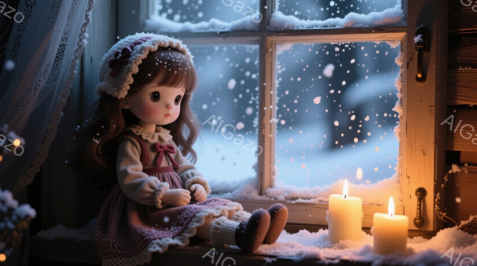 雪が降る窓辺に、赤いリボンと帽子をつけた茶色の髪の女の子が座っています。彼女は膝を抱え、少し憂いを帯びた表情で外を眺めており、周囲には点灯したロウソクが灯っています。背景には雪景色が広がり、古びた窓枠とクリスマスのイルミネーションが暖かく、静寂な冬の雰囲気を醸し出しています。