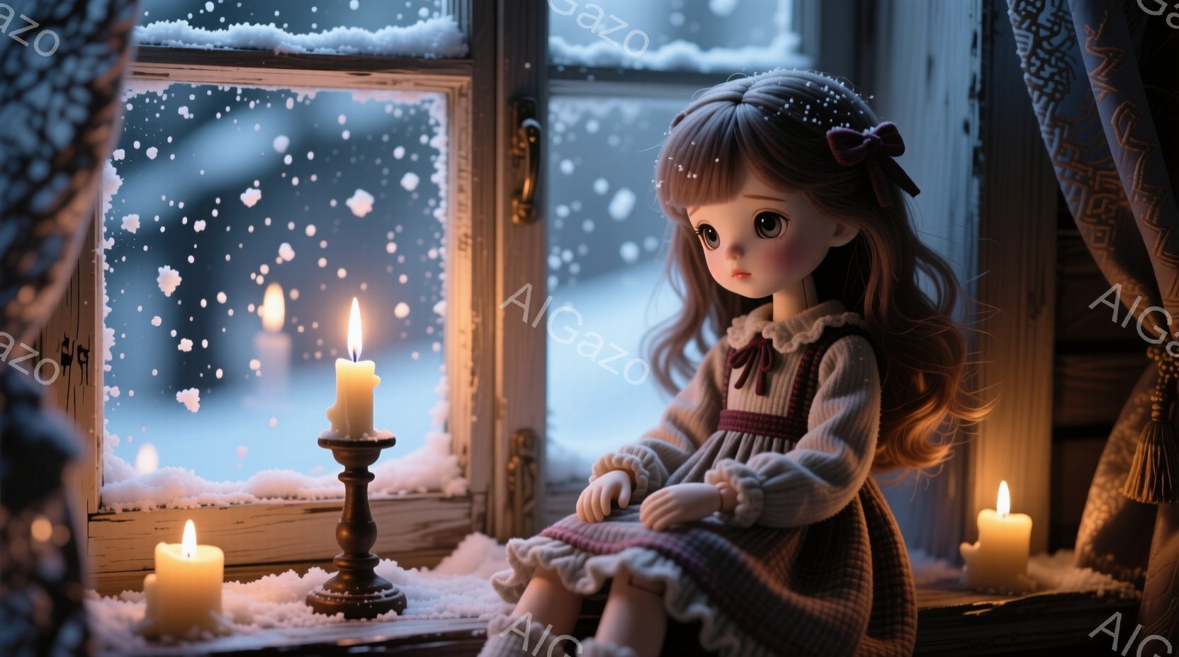 茶色の巻き毛に赤いリボンをつけた少女が、窓辺に座って外を眺めている。彼女はピンク色のセーターと、フリルが縁取られたワンピースを着ており、少し寂しげな表情をしている。背景は雪が降る冬の風景で、暖かく揺れ - AI生成フリー素材