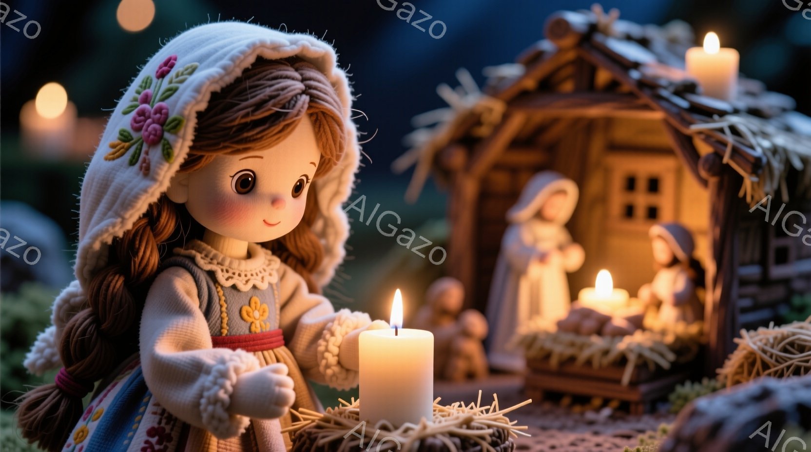 人形がキャンドルに手をかざし、暖かく優しい光に照らされています。人形は白いフード付きのショールを着ており、髪は明るい色で、表情は穏やかです。背景には藁でできた小屋と小さな人形たちがおり、全体的に冬の暖かく静謐な雰囲気が漂っています。