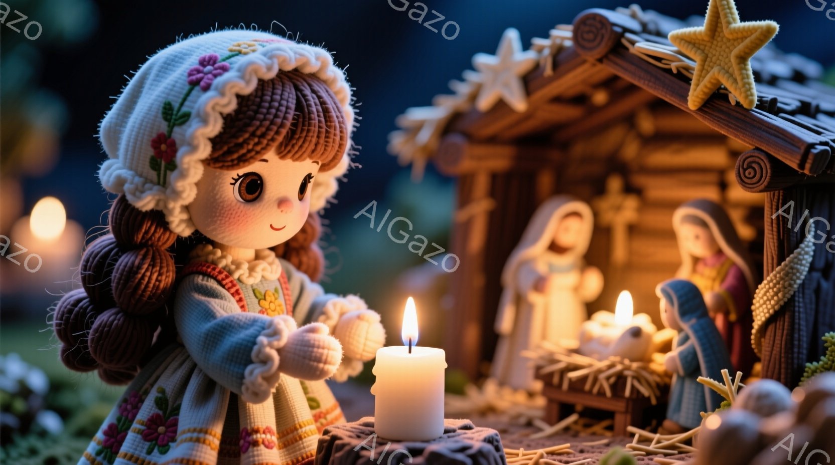 少女は、花柄の刺繍が施された白いドレスと、花飾り付きのボンネットを身に着けています。彼女は小さなろうそくの前に跪き、祈るように手を合わせ、優しい表情を浮かべています。背景には、聖家族を表す人形、藁で作られた小屋、松ぼっくりや葉が散りばめられた夜空が広がり、暖かく幻想的なクリスマスの雰囲気を醸し出しています。