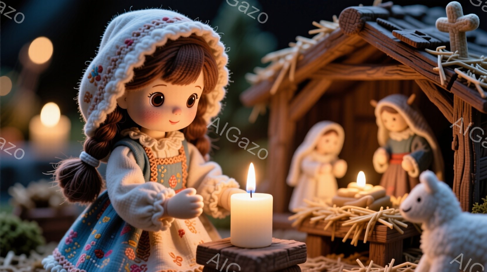 明るい光に照らされた小さな女の子が、藁の上に置かれたキャンドルを見つめています。彼女は花柄の青いドレスと白いボンネットを身につけ、髪を後ろで結んでいます。背景には簡素な小屋と、藁のベッド、そして小さな羊の置物が確認でき、全体的に温かく、静謐なクリスマスの雰囲気が漂っています。
