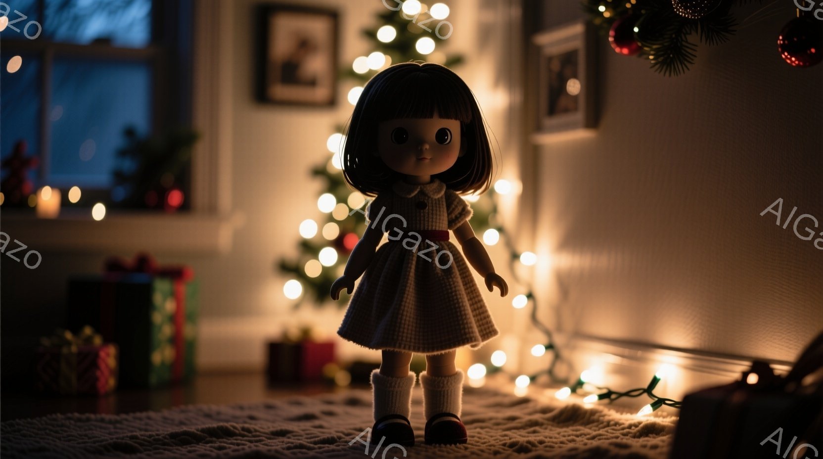 人形はクリーム色のニットワンピースに赤いリボン、白いソックスと黒い靴を履いています。つややかな黒髪は肩のあたりで切り揃えられ、大きな瞳が特徴です。背景には、プレゼントボックスとクリスマスツリーの温かい光が広がり、お祝いの雰囲気が漂っています。