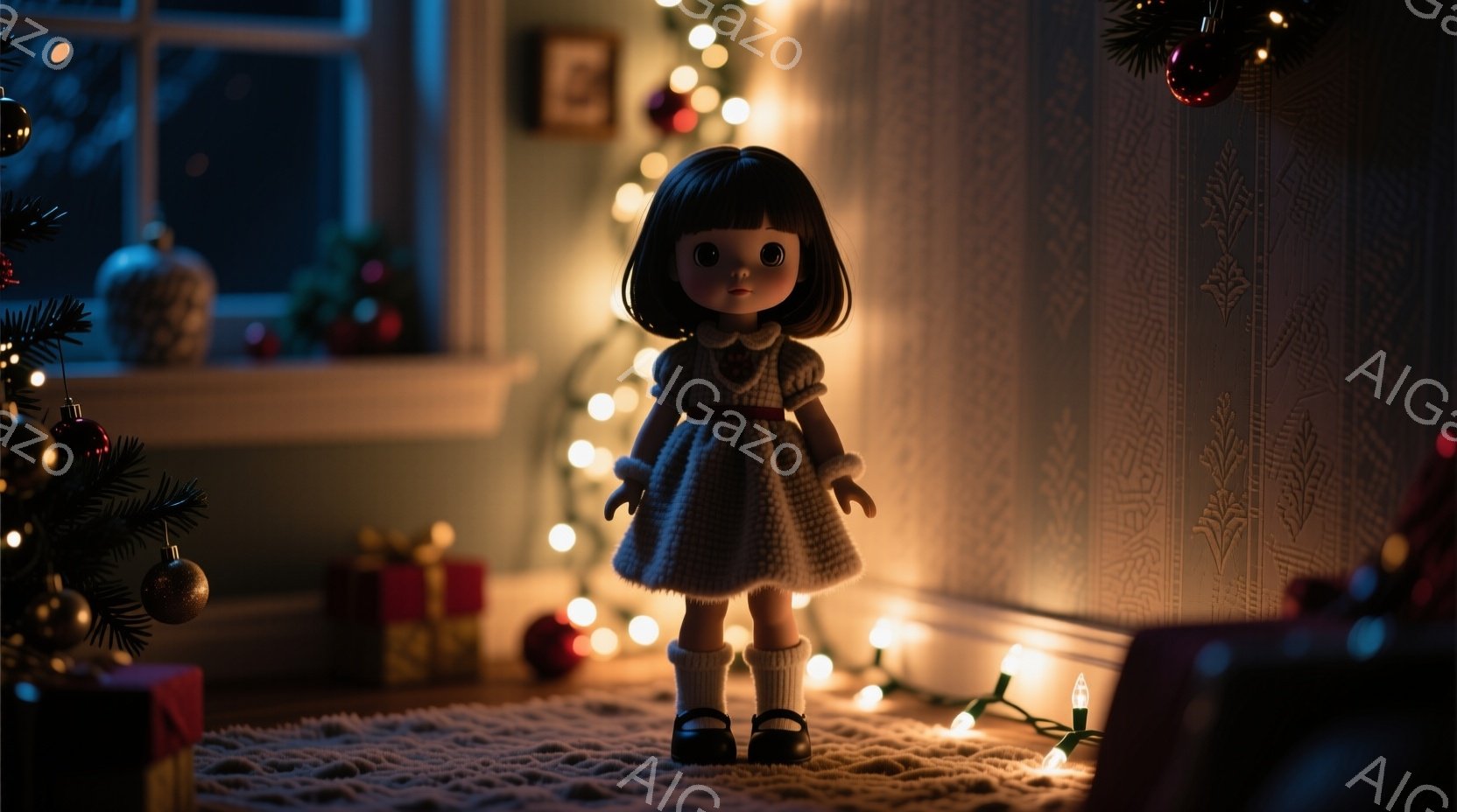 茶色の巻き毛の女の子の人形が、クリーム色のセーターのようなドレス、白い靴下、黒い靴を身に着けて立っています。背景には、プレゼントボックスと飾り付けられたクリスマスツリーがあり、壁には明るい光のストリングが飾られています。全体的に、暖かく、お祝いの雰囲気で、クリスマスの夜の安らかなシーンを表現しています。