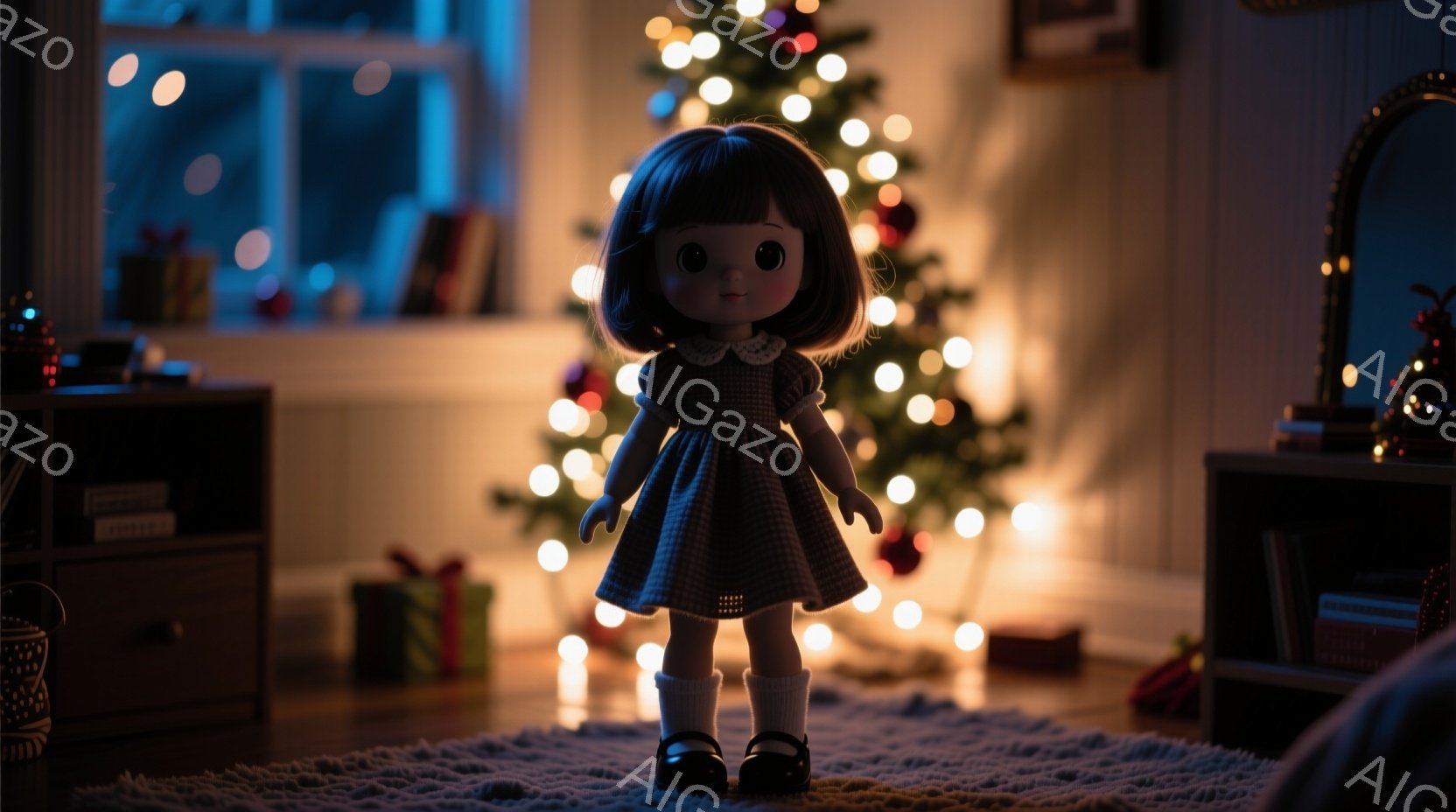 少女のような人形が、白いふわふわのカーペットの上に立っている。人形は、水色の水玉模様のスカートと白いブラウスを着ており、黒い髪は肩のあたりで切り揃えられている。背景には、キラキラと光るクリスマスツリーやプレゼントボックスが見え、暖かく穏やかなクリスマスの雰囲気が漂っている。