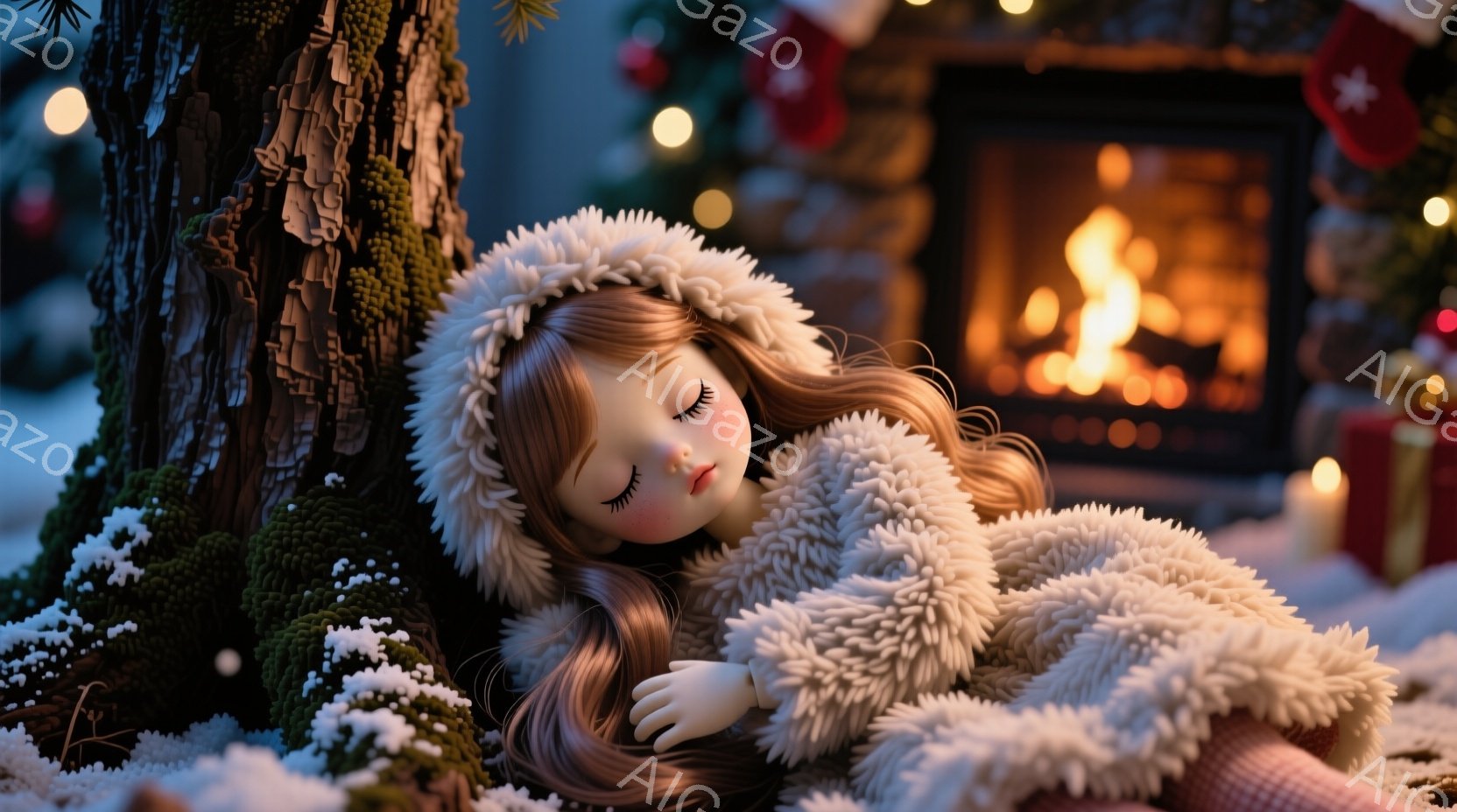 長い茶色のカールした髪を持つ少女が、ふわふわの白いコートと帽子を身につけ、木の根元に横たわって眠っています。背景には、暖炉の火が燃え盛る部屋があり、クリスマスツリーやプレゼントが飾られています。雪が降る冬の夜の、暖かく穏やかな雰囲気です。