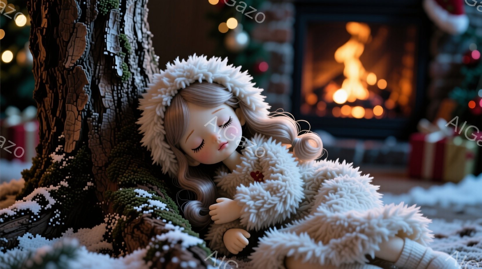 雪の中で寄りかかって眠っている小さな女の子の人形が写っています。ふわふわの白いコートと帽子を身につけ、金色のカールした髪が肩にかかっています。背景には、暖炉の炎とプレゼントボックス、そしてぼやけたクリスマスツリーが見え、暖かく幻想的な雰囲気を醸し出しています。