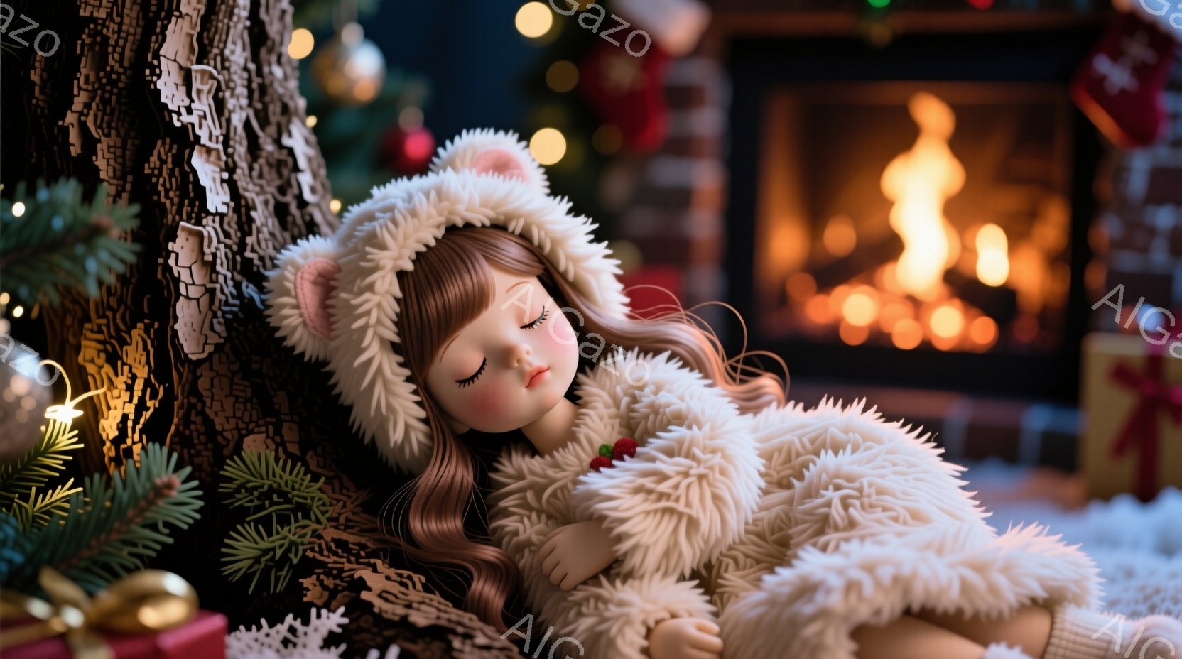 長い茶色の巻き毛をした少女が、ふわふわの白いクマの着ぐるみ姿でクリスマスツリーのそばで眠っています。彼女の顔は穏やかで、閉じた目は平和な雰囲気を醸し出しています。背景には暖炉の火が暖かく灯り、プレゼントボックスが散りばめられ、クリスマスの温かい雰囲気を演出しています。