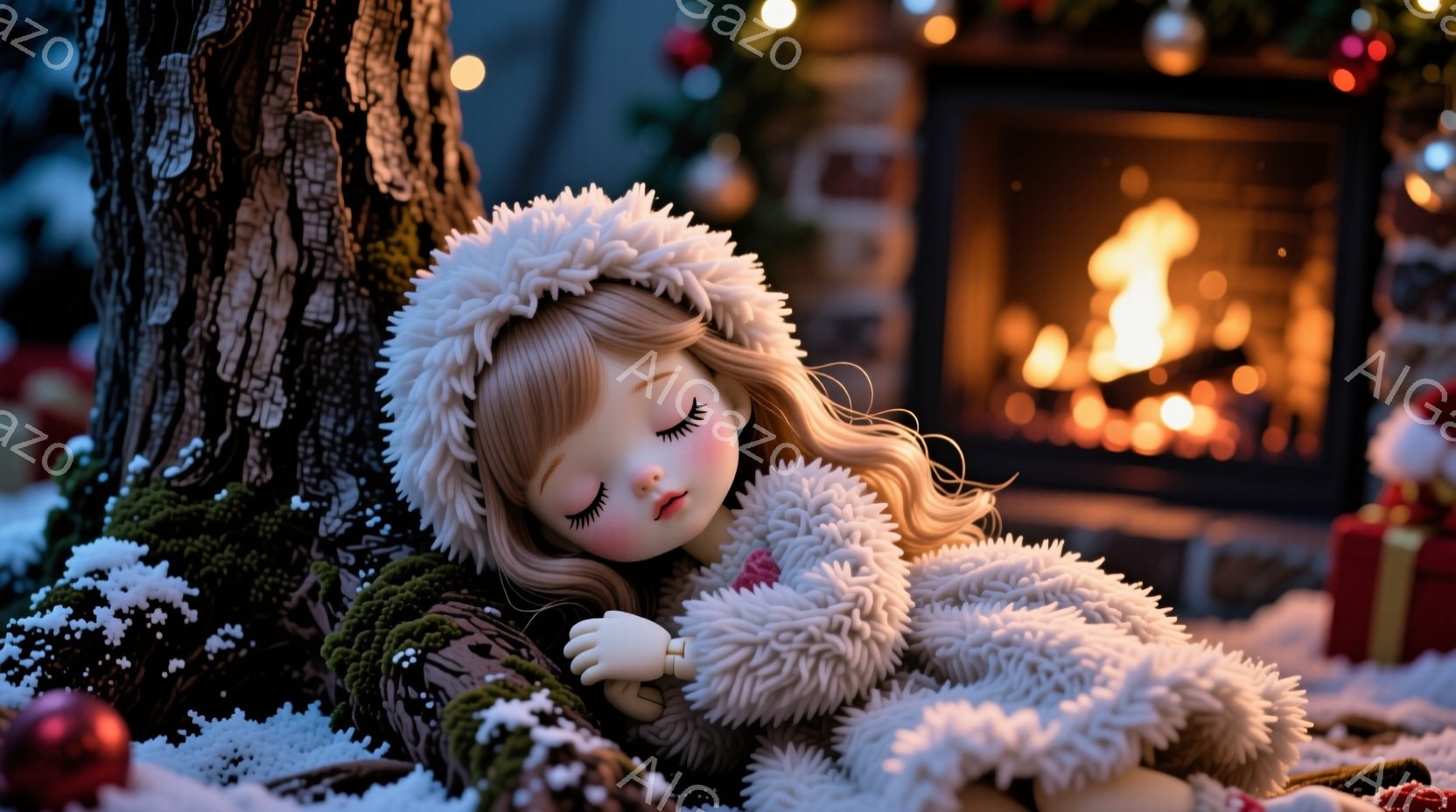 茶色の髪に巻き毛の少女が、白いフード付きのコートを着て、木にもたれて眠っています。背景には、暖炉の火が燃え盛り、クリスマスプレゼントがいくつか置かれています。雪が降り積もり、全体的に暖かく、穏やかで、クリスマスの雰囲気が漂う様子が表現されています。