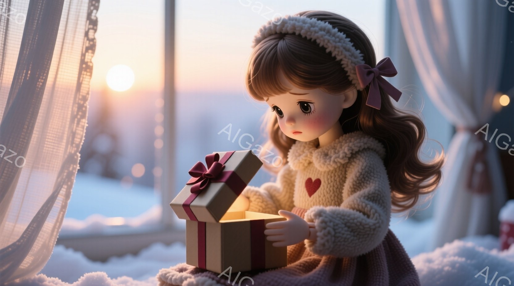 茶色の巻き毛にピンクのリボンをつけた少女が、開いたギフトボックスを見つめています。ピンク色のセーターとブランケットに包まれ、心にハートマークが浮かび、幸せそうな表情をしています。窓の外には高層ビル群と夕焼け空が広がり、雪が積もった背景は、暖かく幻想的な冬の雰囲気を醸し出しています。