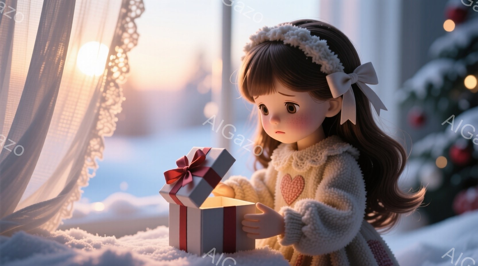 茶色の長い髪に白いヘッドバンドをつけた少女が、赤いリボンが付いた白いギフトボックスを開けています。彼女はクリーム色のニットセーターとスカートを着ており、少し驚いたような表情をしています。背景には雪景色とぼやけた建物が見え、クリスマスの飾り付けられた木がわずかに見え、暖かく、夢のような雰囲気を醸し出しています。