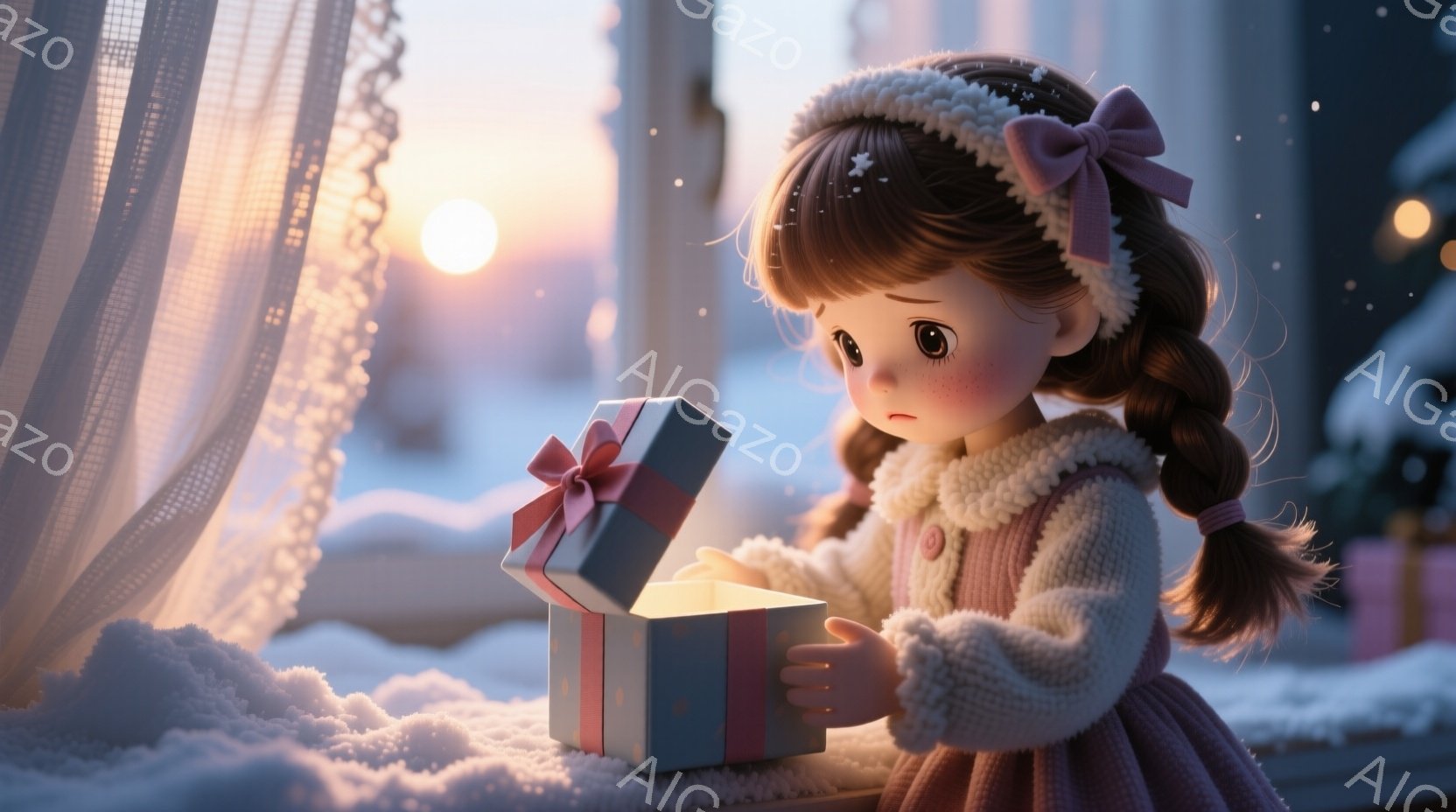女の子は、ピンク色のニットドレスに白いふわふわのコートを着て、頭にはリボン付きの白いヘッドバンドをつけています。彼女は雪の上に置かれた水色の箱を開けようとしており、顔には喜びと少しの驚きが表れています。背景には雪景色が広がり、窓から差し込む夕日の光が暖かく、冬の穏やかな雰囲気を醸し出しています。