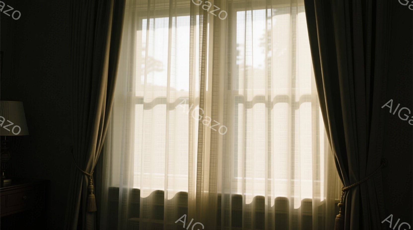 明るい光が差し込む窓辺に、淡いレースのカーテンが揺れている。窓の外にはぼんやりとした緑が見え、晴れた日の穏やかな風景が想像される。室内は落ち着いた色調で、静かで平和な雰囲気が漂っている。