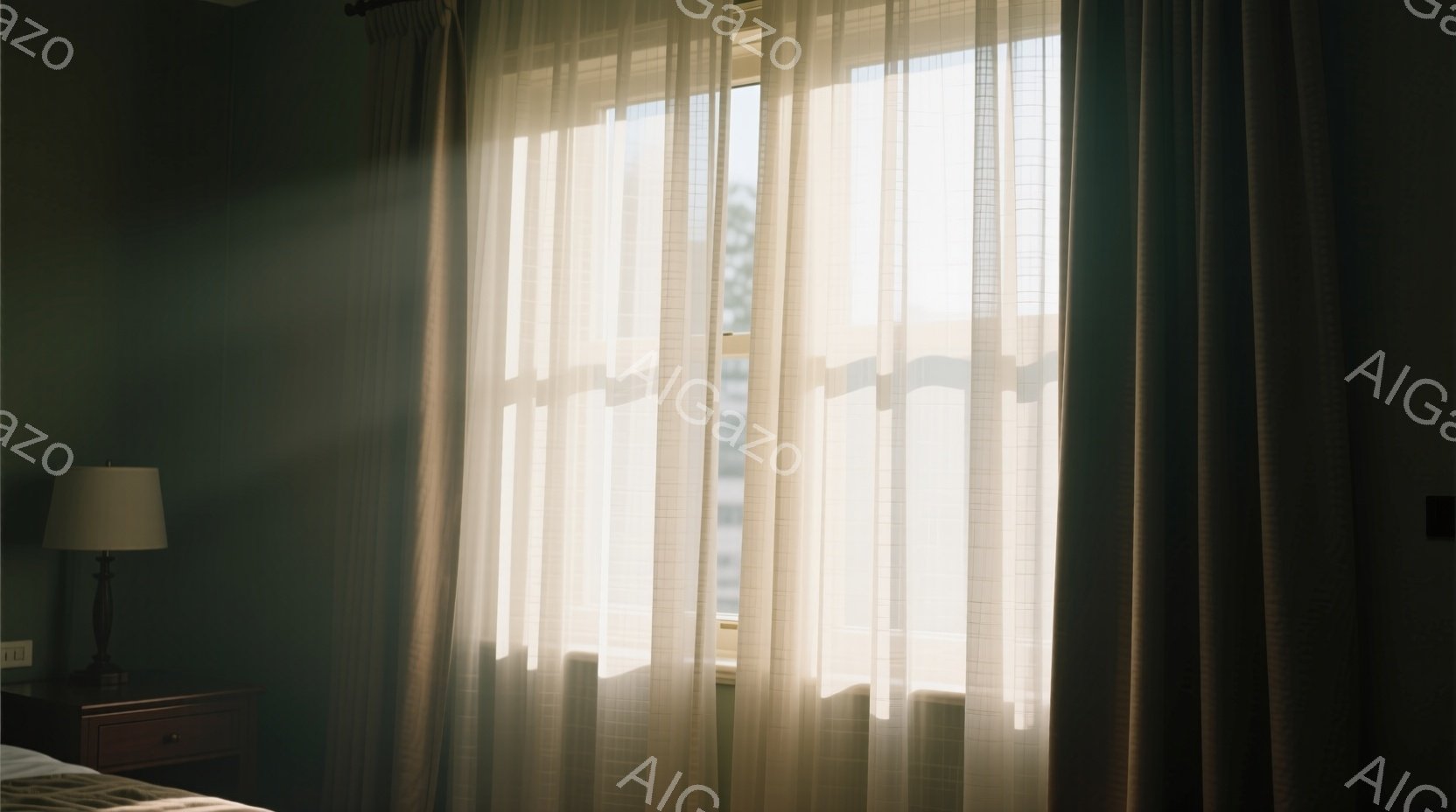 柔らかい光が差し込む窓辺が印象的な写真です。薄手のカーテンを通して外の景色がぼんやりと見え、部屋全体が穏やかな雰囲気に包まれています。ベッドサイドテーブルにはランプが置かれ、落ち着いた空間を演出してい - AI生成フリー素材