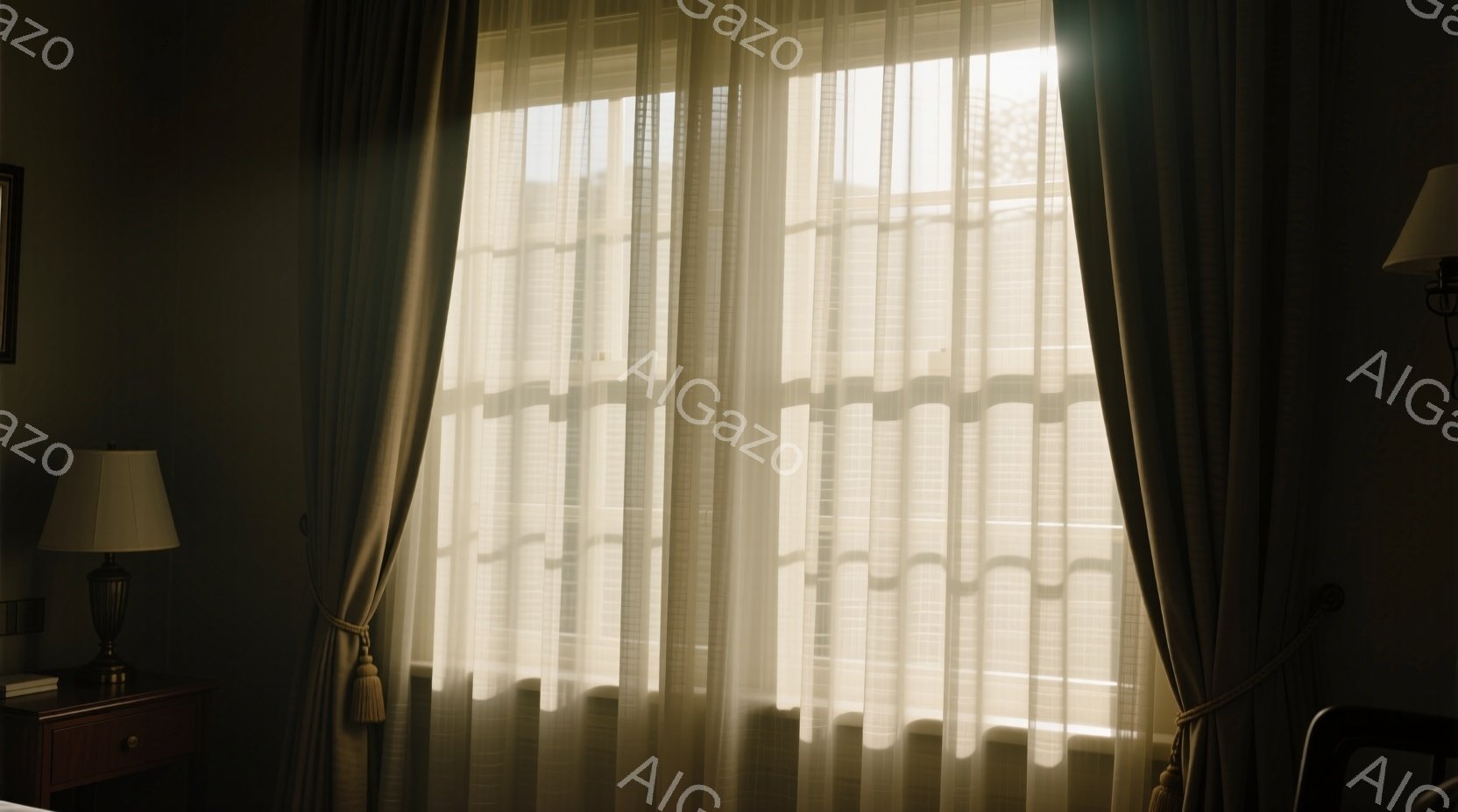 窓辺には、薄手の白いレースカーテンがかかっており、柔らかい光が差し込んでいる。カーテンの横には、タッセル付きの濃い茶色の遮光カーテンが吊り下げられており、その奥には木製の家具が見える。 全体的に落ち着 - AI生成フリー素材