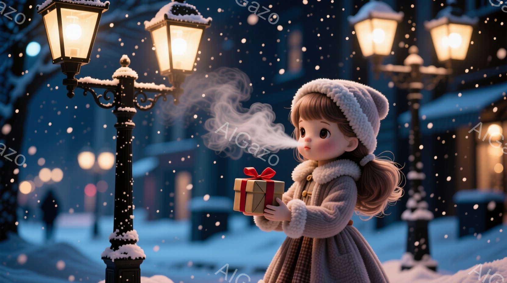 雪が降り積もる夜の街並みを背景に、少女がプレゼントを抱きしめて息を吐いている様子が描かれている。少女は毛皮のついたフード付きのコートと、ふわふわとした巻き髪で、顔にはほんのりと赤みが差している。背景には雪で覆われた建物と、明るく光る街灯が並び、暖かく幻想的な雰囲気を醸し出している。