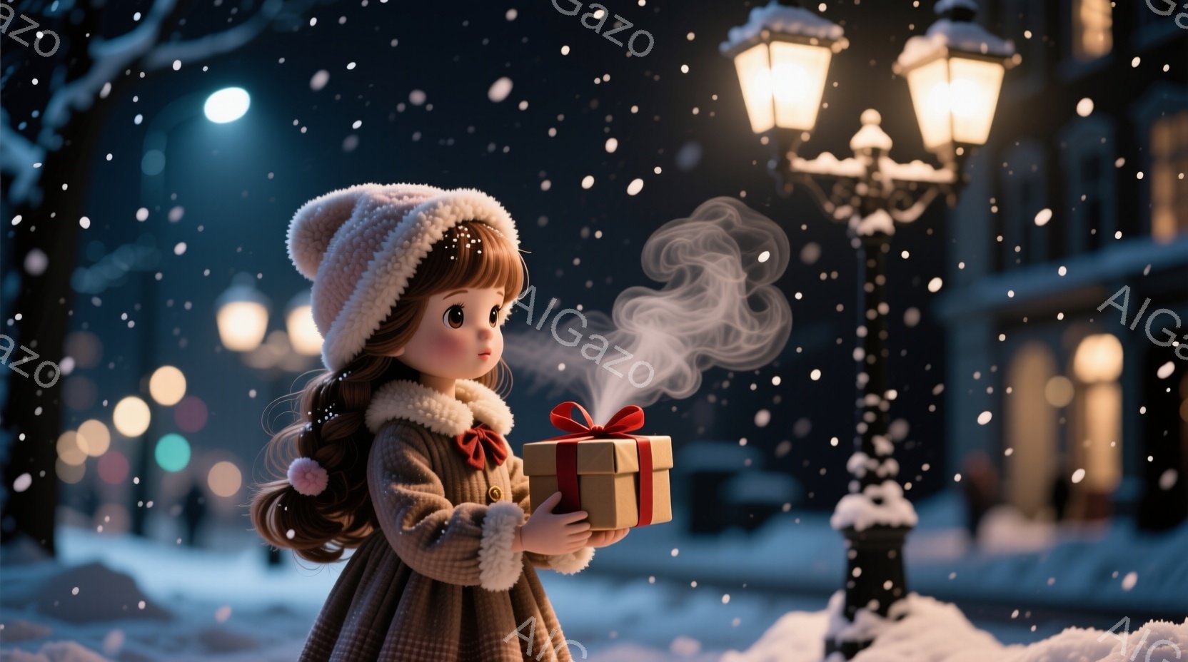 茶髪の少女が、赤いリボンと白いポンポンが付いたニット帽を被り、茶色のコートを着ています。彼女は両手に温かい息が立ち上るプレゼントの箱を持っており、雪が降り積もった街並みを歩いているようです。背景にはぼ - AI生成フリー素材